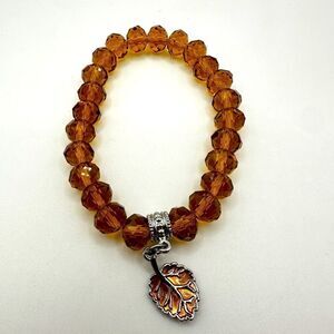 Faceted brownish orange glass crystal beaded‎ bracelet with leaf charm!